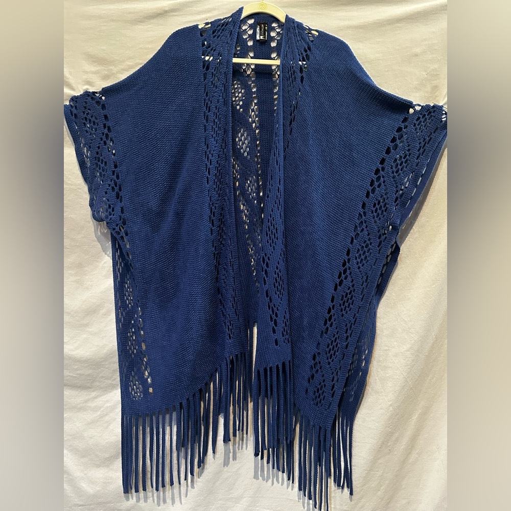 NWOT Anthony Original Bright Blue Knit Shawl With Armholes and Fringe Hem - O/S